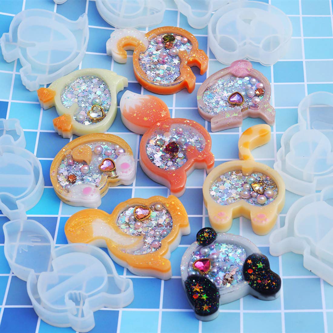 FineInno 8Pcs Kawaii Shaker Molds,Resin Mold,Epoxy Quicksand Silicone Moulds, Charms Handmade Pendant Jewelry