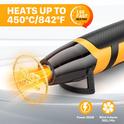 SEEKONE Mini Heat Gun, 350W 2-Temp Settings 500℉ & 842℉（260℃& 450℃） Fast Heat Hot Air Gun Tool with Reflector Nozzle and 4.9Ft Long Cable Overload Protection for Crafting, Vinyl Wrap and Shrink Tubing