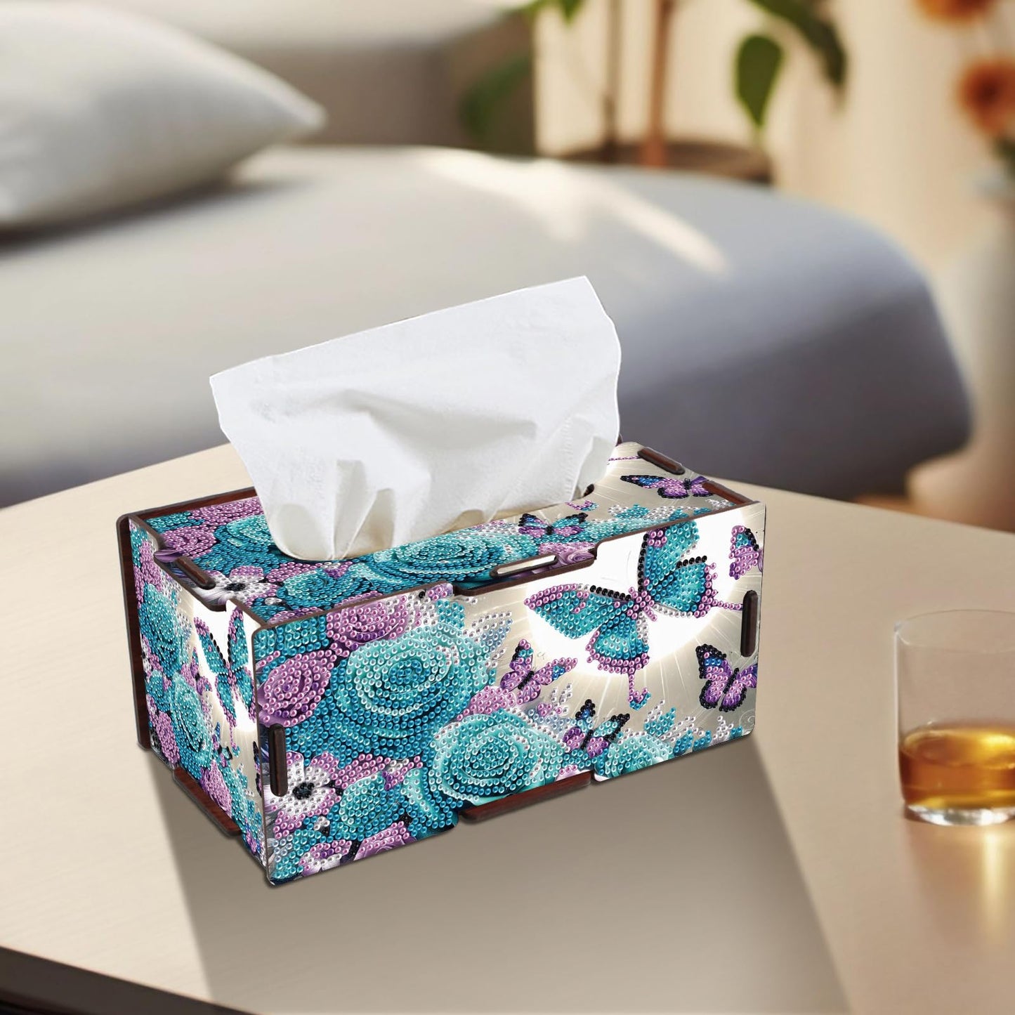 MVVMTOP Diamond Painting Tissue Box, DIY Butterfly and Flower Special Shape Diamond Art Partial Mosaic Handmade Making Tissue Storage Box Kit, Modern Home Dining Living Room Table Top Art Decoration