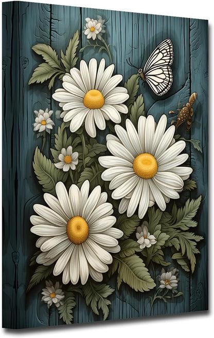 CXHOSTENT Farmhouse Flowers Canvas Wall Art, Daisy Flower Butterfly on Rustic Wood Background Painting