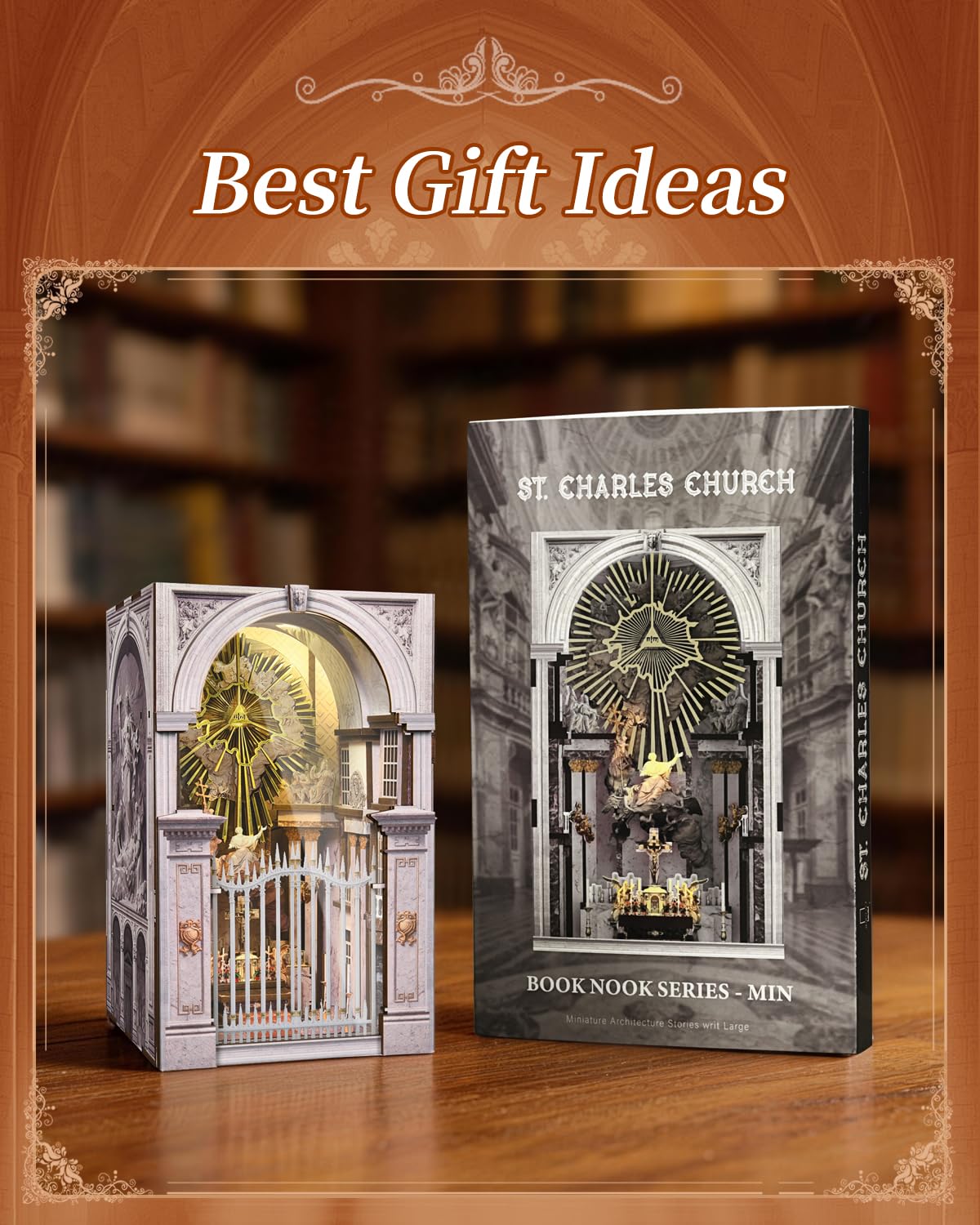 MiniCity Book Nook Kit - DIY Miniature House Dollhouse Kit for Adults and Teens, Booknook Tiny House Bookshelf 3D Wooden Puzzle, Gifts for Family (St. Charles Church)