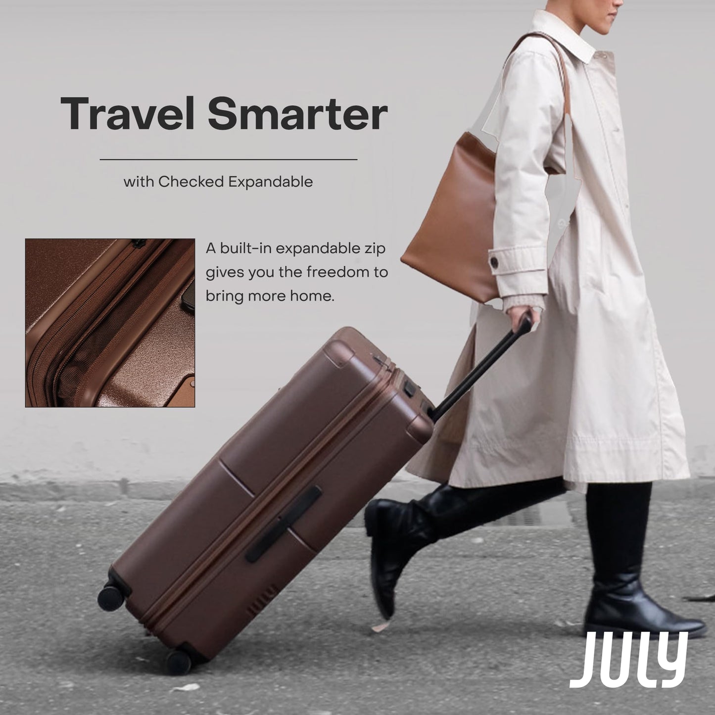 July Checked Expandable - 24.5" Airline Approved Check In Luggage with Wheels, Spinner Suitcase for Men & Women - TSA Lock Rolling Suitcase, Spinner Wheels, Expansion Zip, Y-Strap - Dark Brown