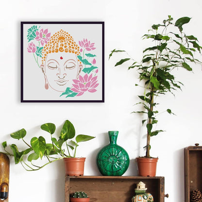 FINGERINSPIRE 9 Pcs Religious Pattern Stencils with a Brush 11.8x11.8Inch Buddha Painting Stencils Yoga Pattern Template PET Mandala Lotus Flower Template for Wood Wall Floor Tiles Furniture