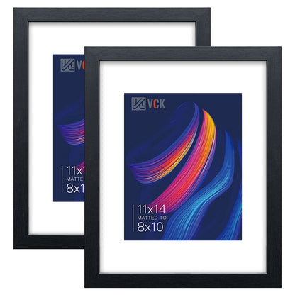VCK 11x14 Picture Frame Set of 2 - Black, Textured Exclusive Wooden Frames with HD Glass, Display Photo 8x10 with Mat or 11x14 Without Mat