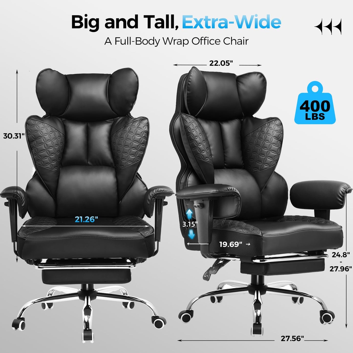 GTRACING Big and Tall Gaming Chair 400lbs Heavy Duty Office Chair with Foot Rest & Ergonomic Pocket Spring Lumbar Support, High Back 3D Saddle Shaped Cushion for Back Pain Relief, Black