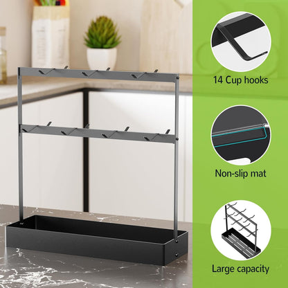 Coffee Mug Holder with Hooks, 14 Capacity 2 Tier Mug Tree Holder Rack for Countertop, Storage Base for Coffee Pods