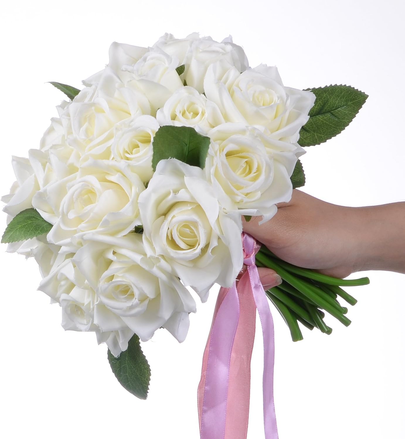 Artificial Flowers Rose Bouquet - 2 Pack Fake Silk Plastic White Roses, 18 Heads for Wedding Decoration