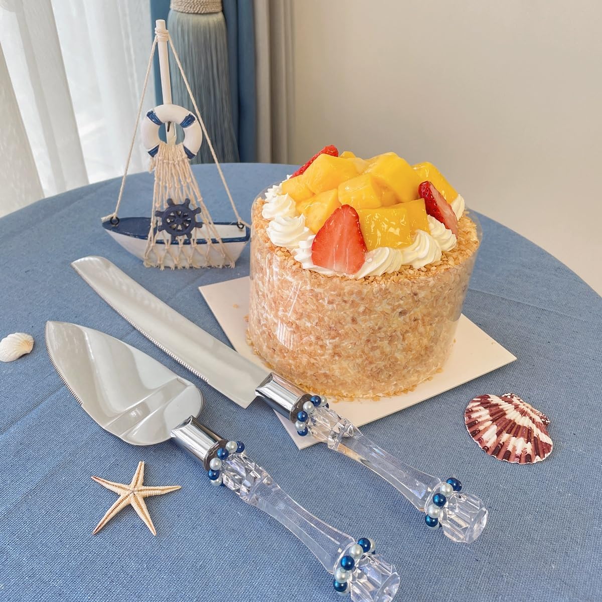 FISHBONE Stainless Steel Wedding Cake Knife and Server Set, Nautical Blue Rings Design for Special Occasions