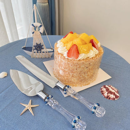 FISHBONE Stainless Steel Wedding Cake Knife and Server Set, Nautical Blue Rings Design for Special Occasions
