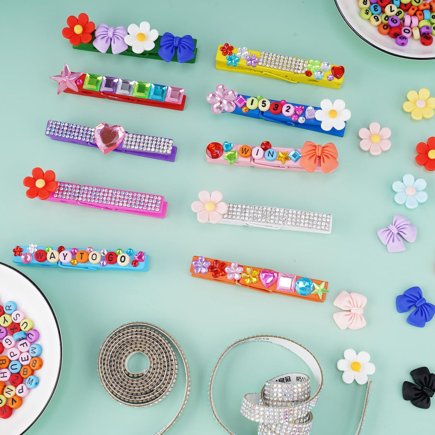 Aphlos 100PCS DIY Cheer Pin Decoration Kit with Wooden Clips, Mini Bows, Flowers, Glitter Ribbons, Rhinestone Stickers, Alphabet & Number Buttons, Cheerleading Craft Supplies for School Projects