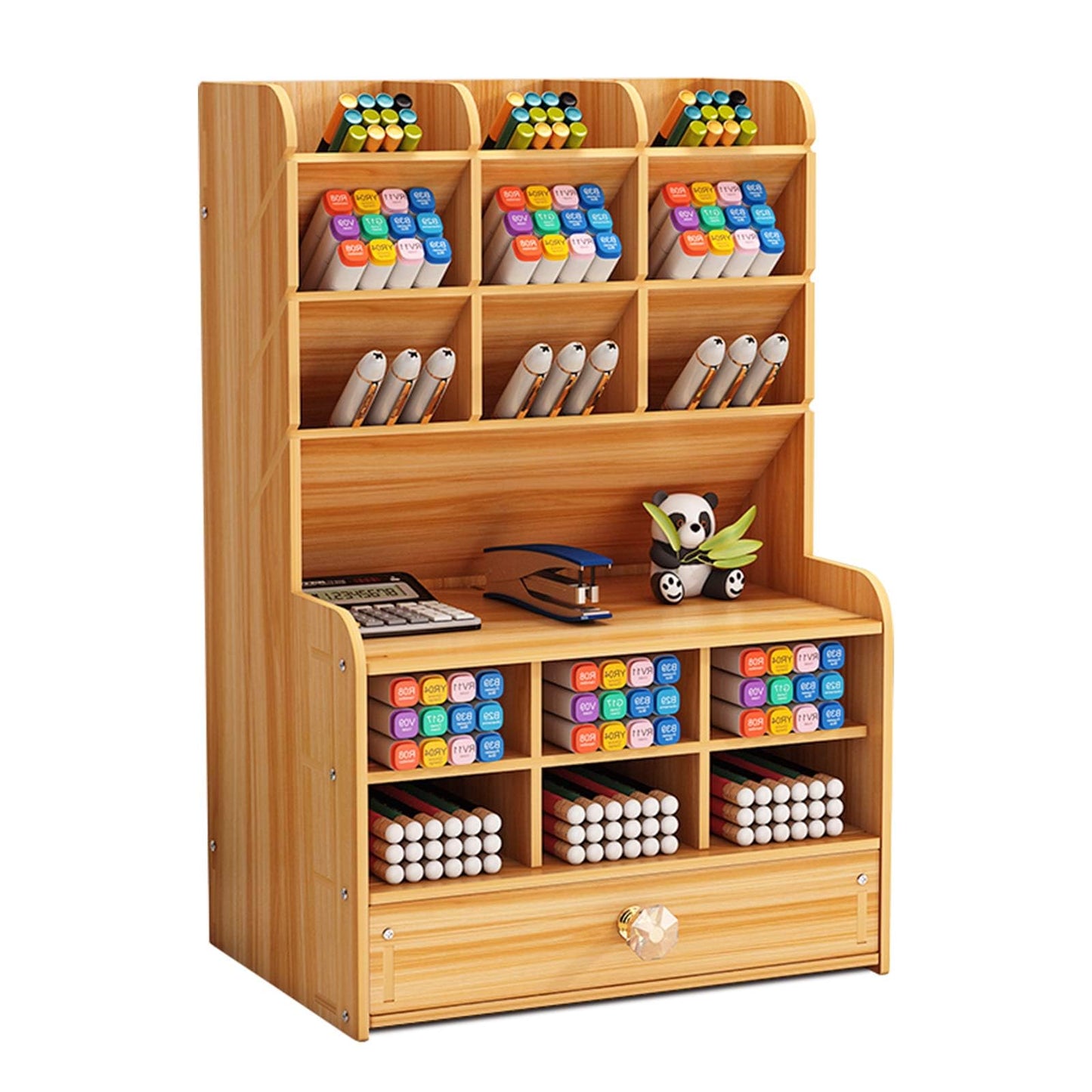 Marbrasse Wooden Desk Stationary Organizer, Multi-Functional Pen Holder, Storage Rack for School Home Office Art Supplie (B16-Cherry Color)