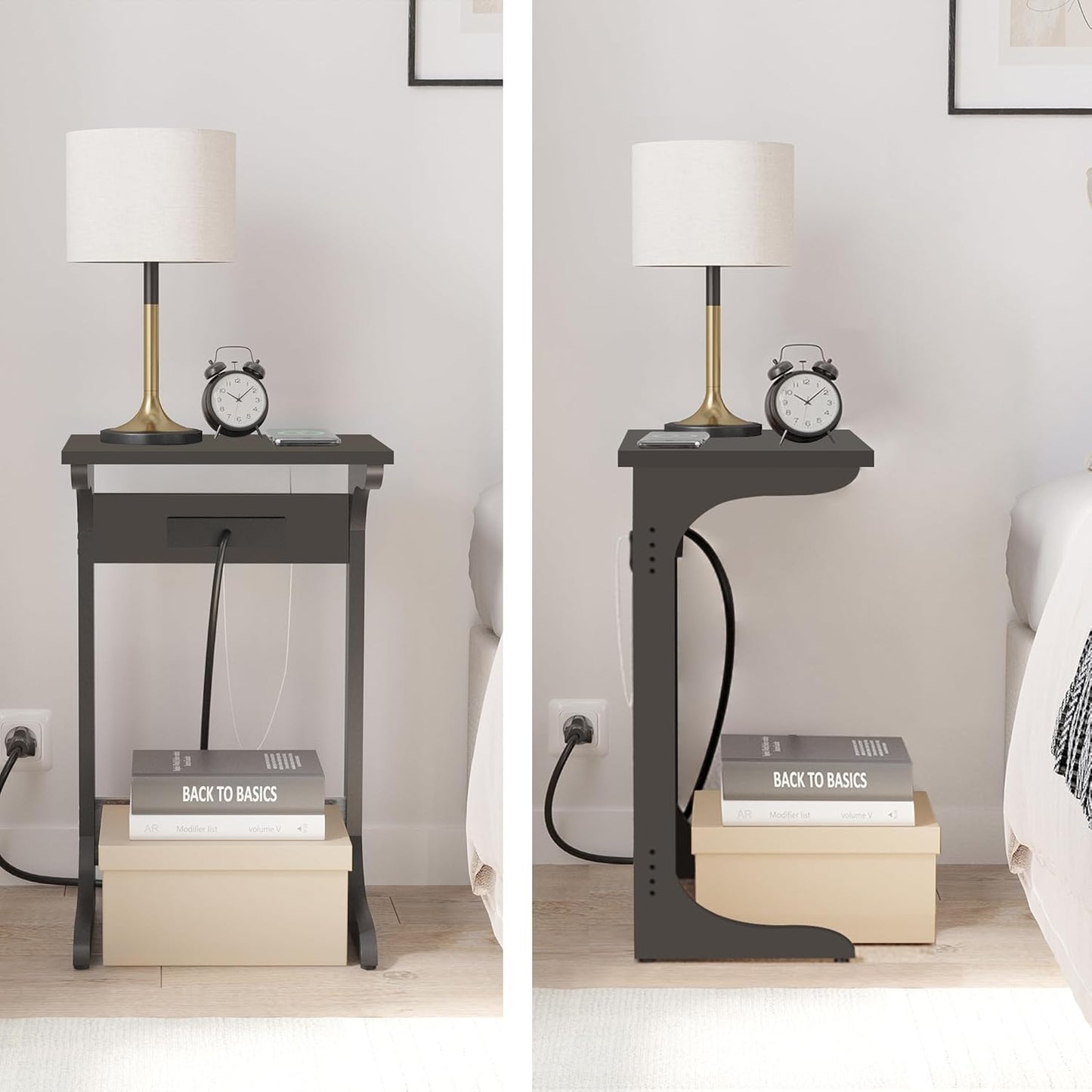 2 TB01BK044 TUTOTAK C Shaped End Table with Charging Station, Side Table, Couch Table for Small Spaces, Tv Tray Table
