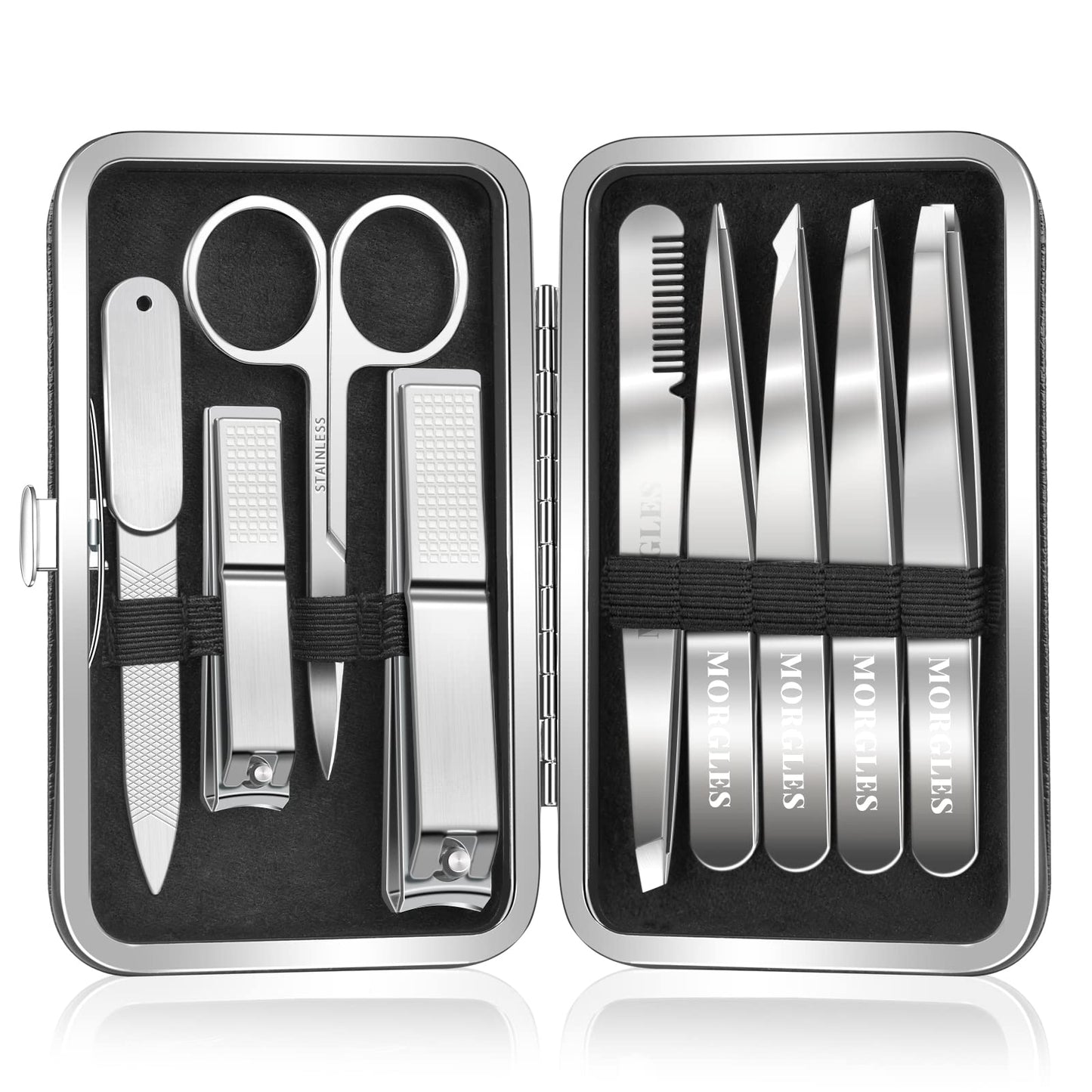 MORGLES Tweezers Set and Nail Clippers, 9 Pcs Stainless Steel Tweezers Kit for Men Professional Manicure Set for Men Grooming Kit with Leather Travel Case