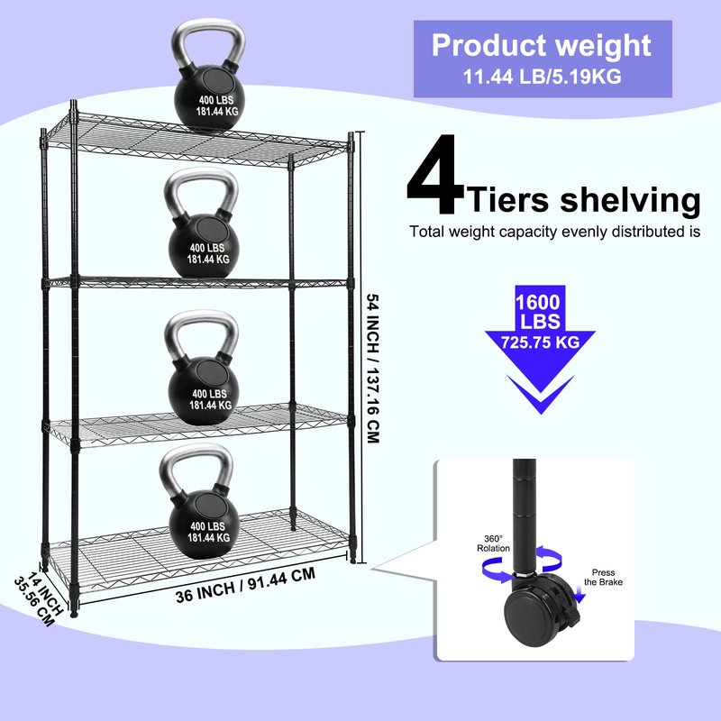 Whitmor 4 Tier Storage Shelving, Heavy Duty with Wheels, Adjustable Steel Organizer Wire Rack, 400 lbs Capacity per Shelf, Max 1600 lbs Total for Garage, Kitchen, Plant, 36" L x 14" W x 54" H, Black