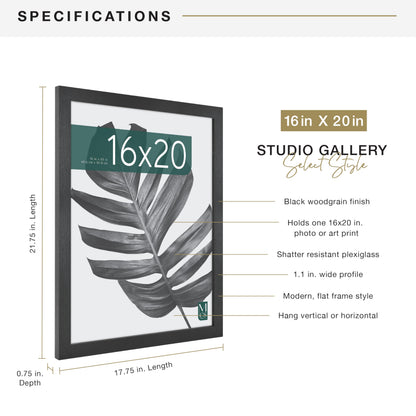MCS Studio Gallery 16x20 Poster Frame Black Woodgrain Engineered Wood, Vertical & Horizontal Wall Hanging Large Picture Frame for Photos, Posters & Art Prints (1-Pack)