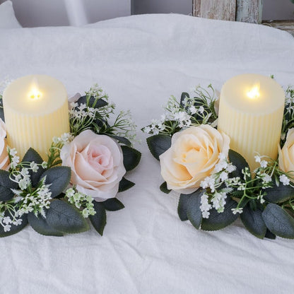 2 Pack Artificial Rose Candle Rings, Christmas Floral Wreaths with Eucalyptus Leaves Mini Wreaths Candle Rings for Pillar Candle Lantern Wedding Centerpiece Party Home Fall Table Decor (Champagne)