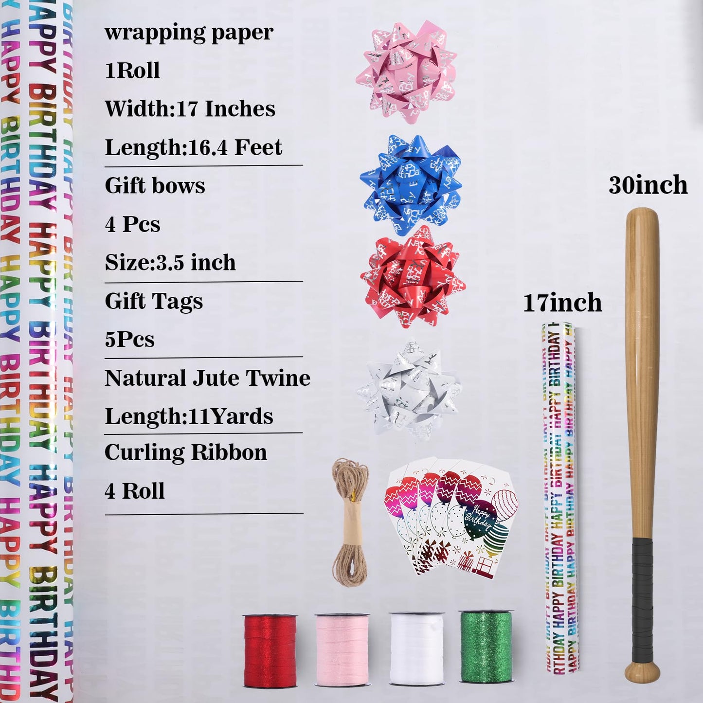 TIADYBOW Birthday Wrapping Paper Set 17" With Curling Ribbon,Gift Bows,Gift Tags Recyclable Gift Wrapping Birthday Baby Shower Handmade(16.5feet)