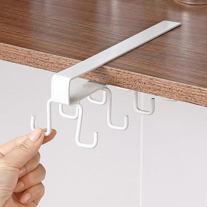 Kitchen Utensil Hanging Cups Storage Hooks with 6 Hooks, Under Cabinet Closet Cup Holder Hanger Hook Rack (White)