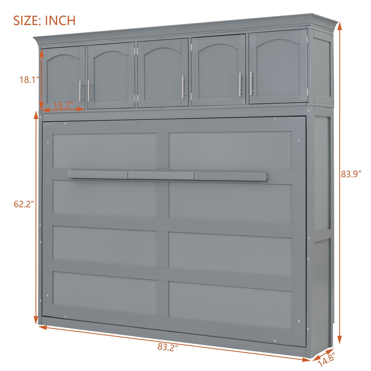 YOPTO Full Size Murphy Bed Cabinet,Folding Wall Bed Frame with Top Storage Lockers,Hidden Platform Bed Chest W/Wood Slats Support,Space-Saving,Easy Assembly,for Bedroom,Guest Room,Home,Office,Gray