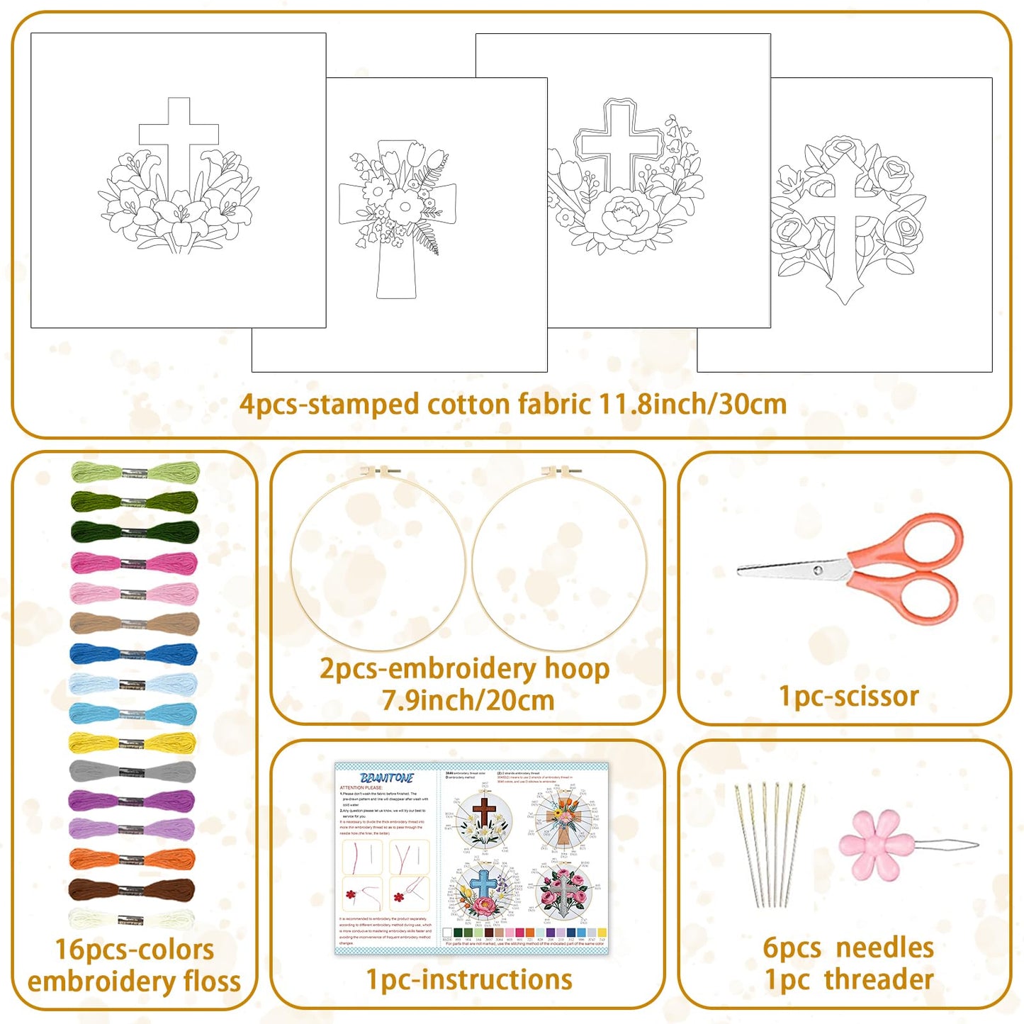 BEUNITONE Cross and Flowers Embroidery Kit for Beginners, DIY Stamped Needlepoint Craft with 4 Easy Patterns, Complete Starter Set for Relaxing Mindfulness Art and Creative Gift for Adults
