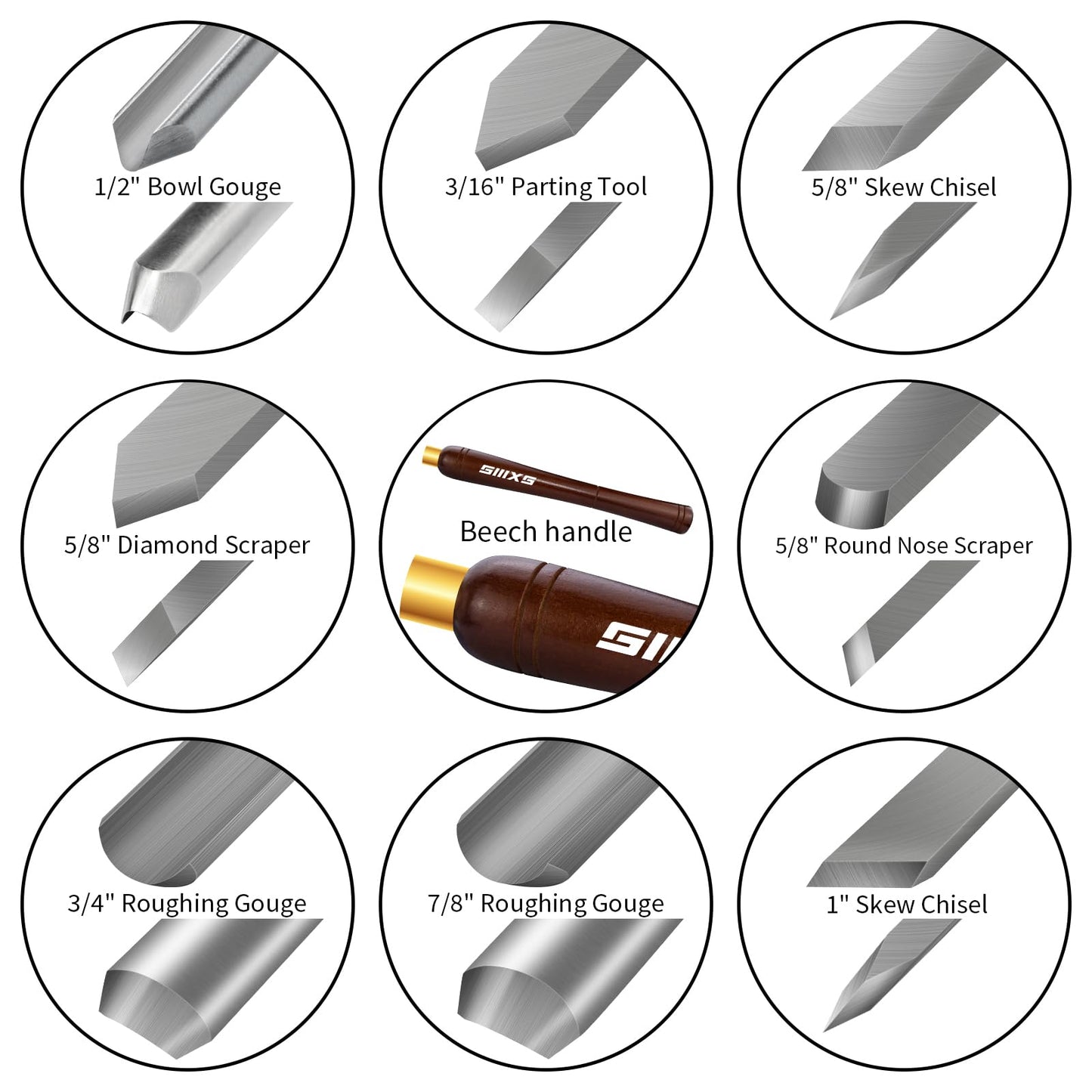 SIIIXS 8Pcs HSS Wood Turning Tools Lathe Chisel kit with Beech Handle and Wooden Box