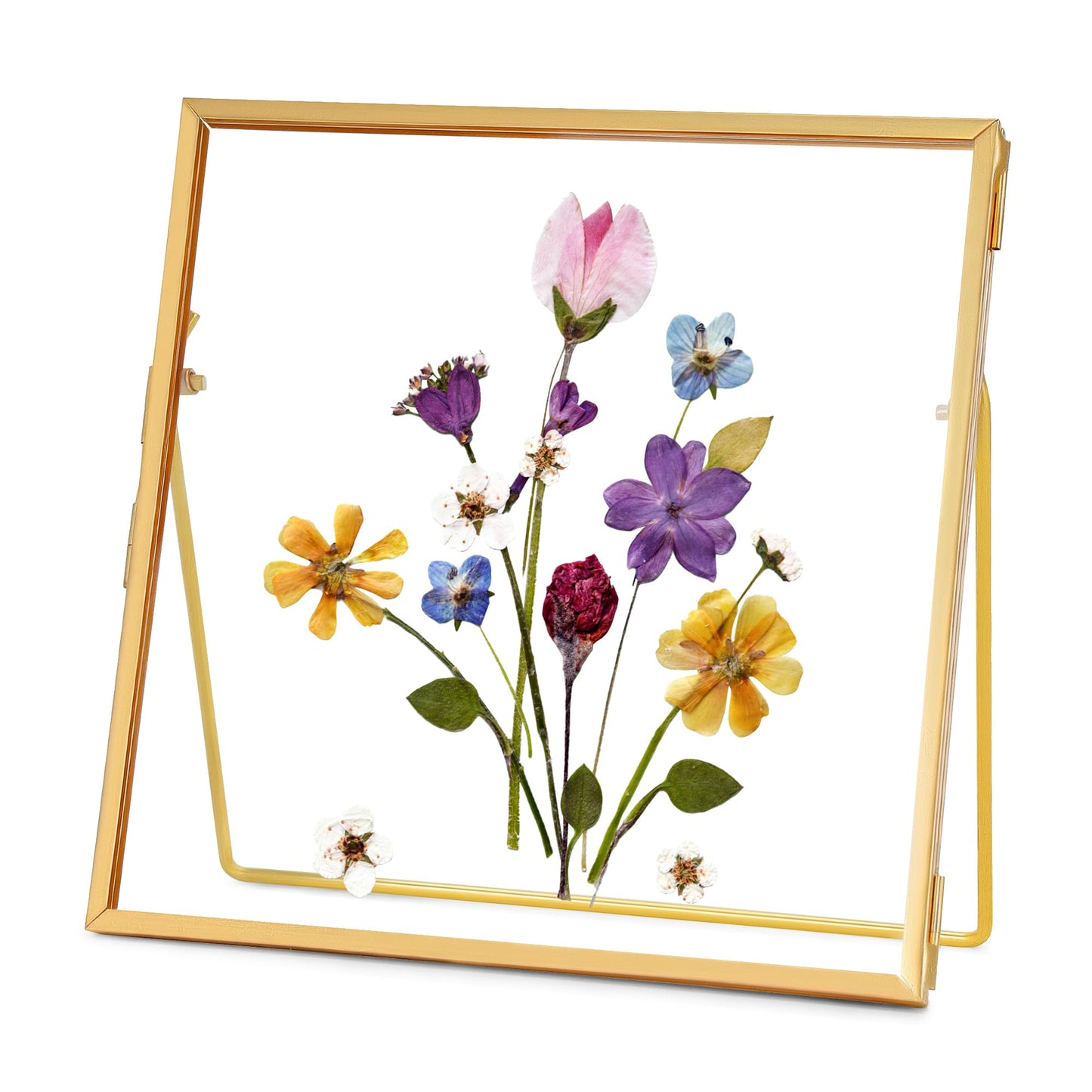 REDHUGO Double Glass Frame for Pressed Flowers Handmade, Tabletop Photo Frame for Floating Picture and Flower Press, Simple, Metal Geometric, Square, Gold, 4x4 Inches