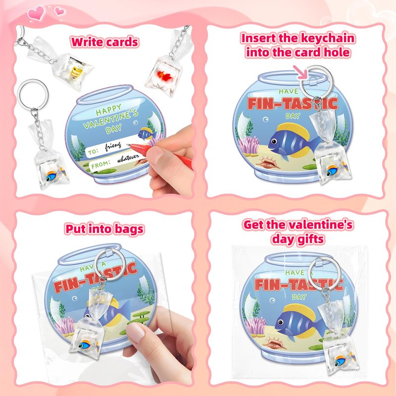 Valentines Day Cards for Kids School, 24 Pack Valentine's Day Gifts for Kids with Resin Fish Charms Classroom Exchange Gifts, 3D Fish Water Bag Charms Valentine Party Favors Prizes for Boys & Girls