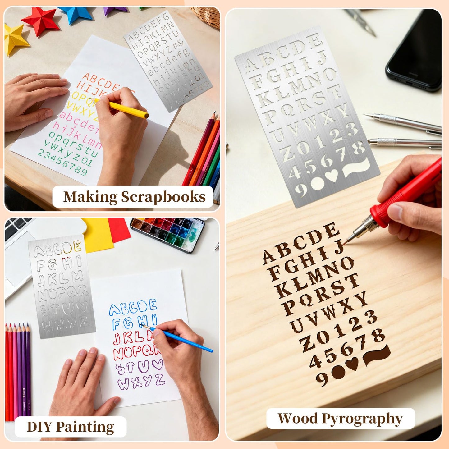 Eageus 8 Pcs Metal Letter Stencils Wood Burning Stencil Lettering Stencils, Small Reusable Alphabet Painting Template for Carving Drawing Engraving Journal Pyrography Craft(Letter Style)