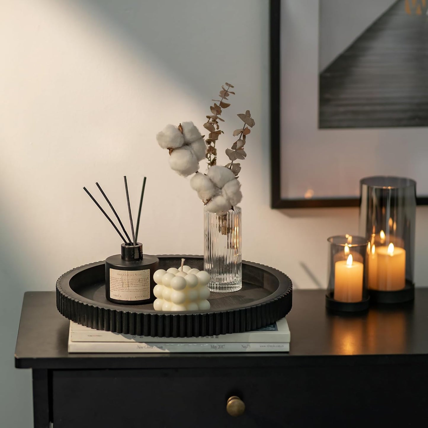 12" Hanobe Decorative Tray for Coffee Table: Black Round Centerpiece Tray for Home Decor - Wood Modern Farmhouse Decor