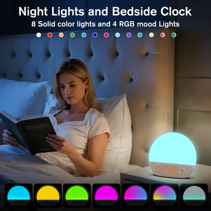 Wake up Light Sunrise Alarm Clock, Digital Alarm Clock Bedside Dimmable Night Light, White Noise Sound Machine 30 Soothing Sounds, Loud Alarm Clock for Heavy Sleepers Adults Kids, Ideal for Gift