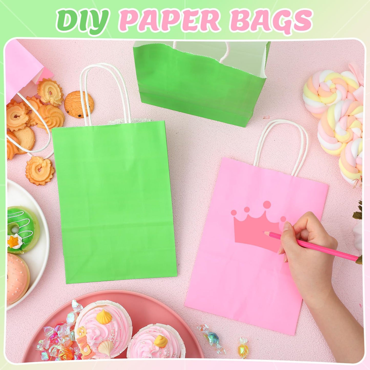 Kolldenn 48 Pcs Small Pink and Green Gift Bag 6.3 x 3.15 x 8.7 '' Paper Favor Treat Goodie Bag Bulk with Handle for Witch and Princess Theme Party Sisterhood Birthday Party Supplies