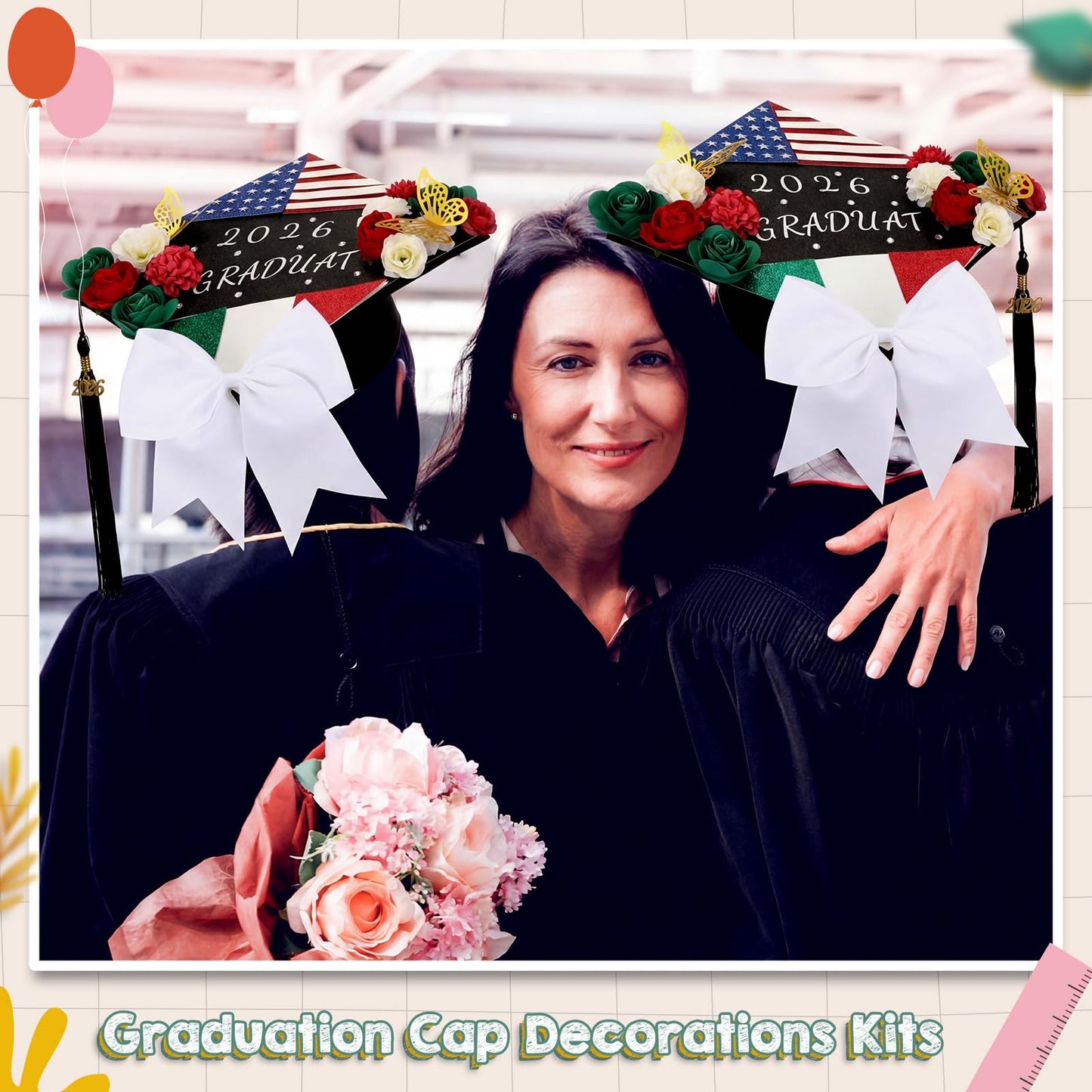 WinnerWhy 51Pcs DIY Mexican American Flag Graduation Cap Decorations 2026 Handmade Mexican American Grad Hat kit Included Faux Flower Heads Letter 3D Butterfly Stickers for Craft Graduation Cap Topper