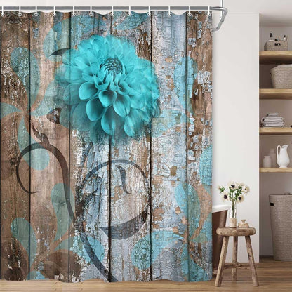 JAWO Teal Dahlia Shower Curtain Set with 12 Hooks - Dahlia Flower on Rustic Wooden Plank Country Style, Waterproof Bath