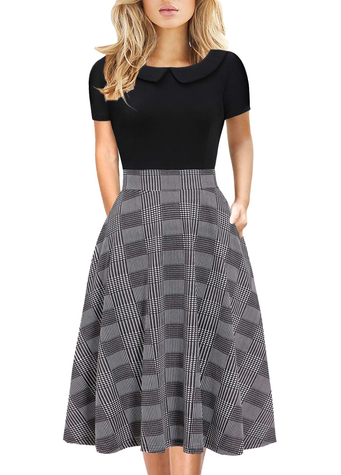 Fit and Flare Dresses for Women Vintage Casual Peter Pan Collar Flower Print Work Party A-Line Swing Dress with Pockets 978 (Plaid Black, L)