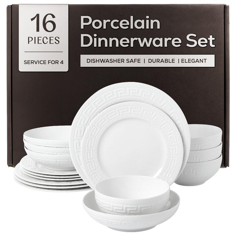 Joseph Sedgh Collection 16-piece Porcelain Dinnerware Set, Service for 4, Greek Key White