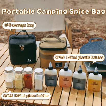 HIKEMAN Portable Camping Spice Set with 9 Spice Containers, Pepper & Salt Shakers, Separable Storage Bag for BBQ, Picnic