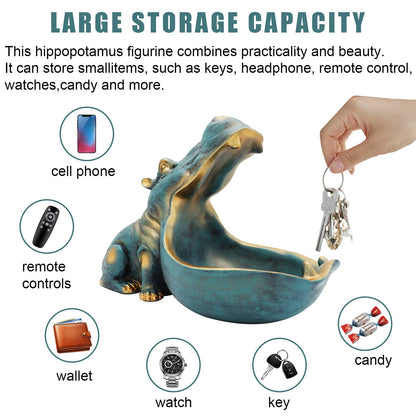 aboxoo Hippo Statue,Large Hippopotamus Figurine Home Sculpture with Resin, Hippo Candy Jar, Candy Dish Bowl for Office Desk, Key Bowl for Entryway Table,Container Storage Art Decor Box(Dark Blue)