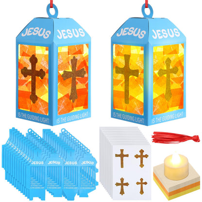 Simgoing 12 Religious Cross Lanterns Crafts with LED Candles Lights Jesus Lights The Way Sunday School Tissue Paper DIY Oil Lamp Cross Hanging Ornament Vsb Church Activity