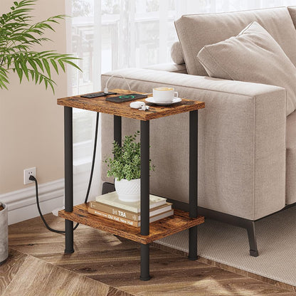 2-Tier UTBT105F VIMBER Side Table with Charging Station, End Tables with USB Port and Outlets, Nightstands with Storage