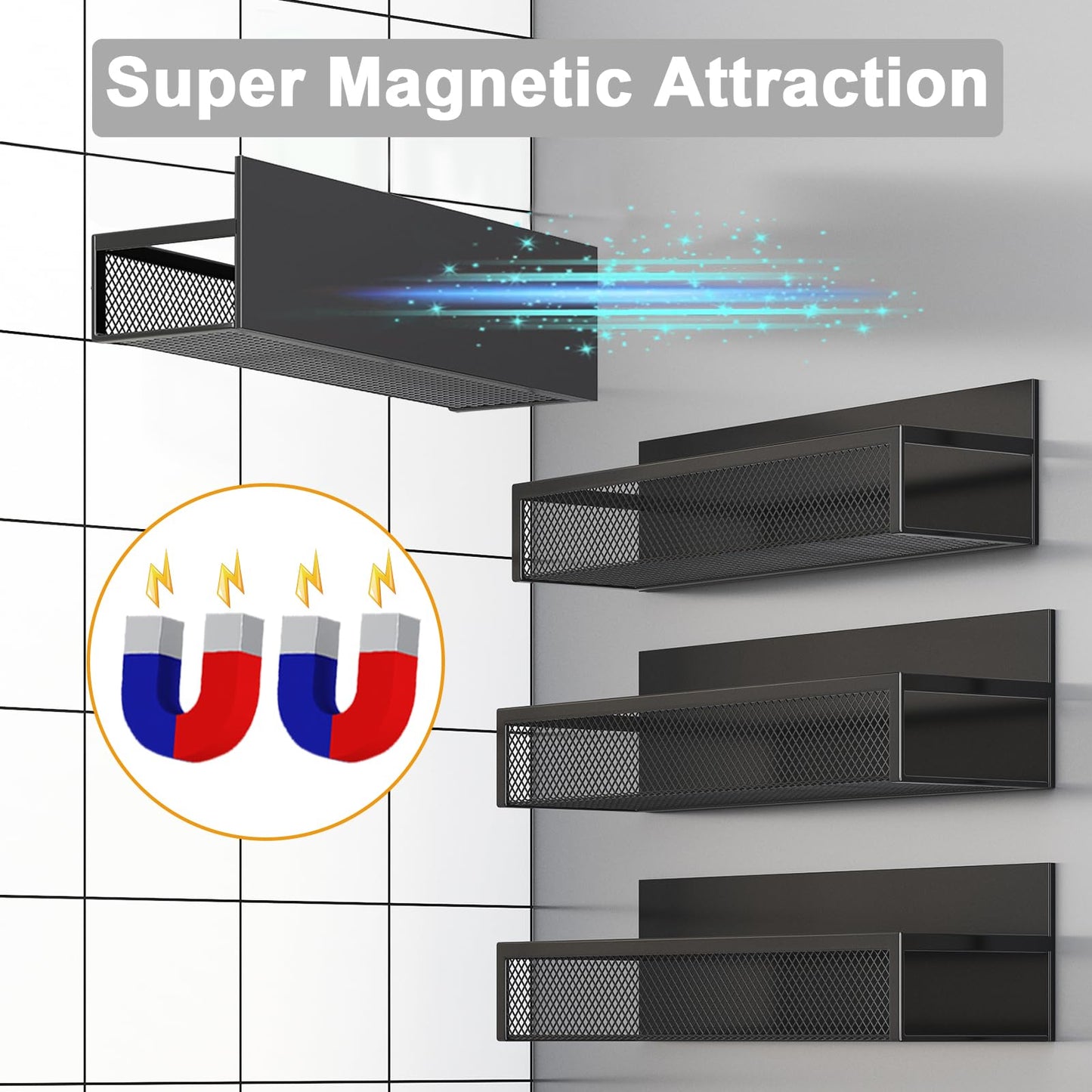 Magnetic Spice Rack for Refrigerator, 4 Pack Magnetic Shelf, Fridge Magnet Organizer with Moveable 8 Hooks, Magnetic Fridge Shelf for Kitchen Organization and Storage (4 Pack)