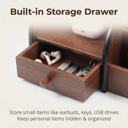 YIKATEND Wooden Desk Organizer with Drawer, Multi-Compartment Desktop Storage for Office Supplies, Remote Control, Phone, Makeup & Accessories