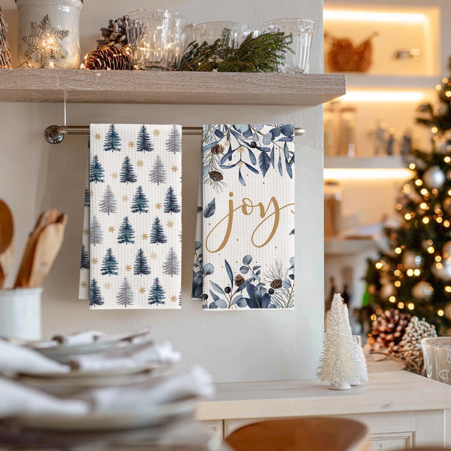 12x24 Inch Set 4 Artoid Mode Blue Xmas Tree Pinecone Christmas Bar Kitchen Towels, Quick Dry Microfiber Cloth Dish