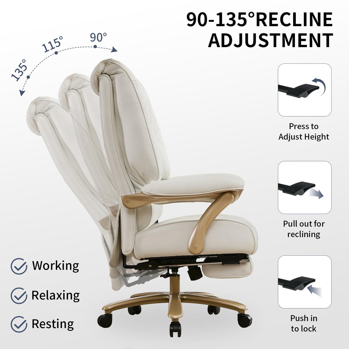 EXCEBET Big and Tall Executive Office Chair with Footrest, 400LBS Capacity Ergonomic High-Back Desk Office Chair with Lumbar Support, Padded Armrests & Thick Cushion, White PU Leather Chairs