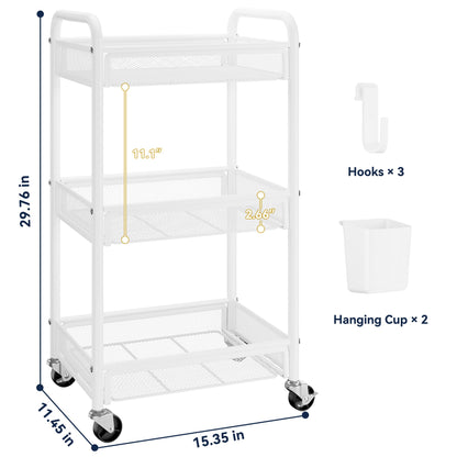 YASONIC 3 Tier Rolling Cart – Metal Utility Storage Carts with Wheels, Craft Carts Organizer with Hanging Cups, Hooks, Mesh Basket for Bedside Kitchen Office Art, White