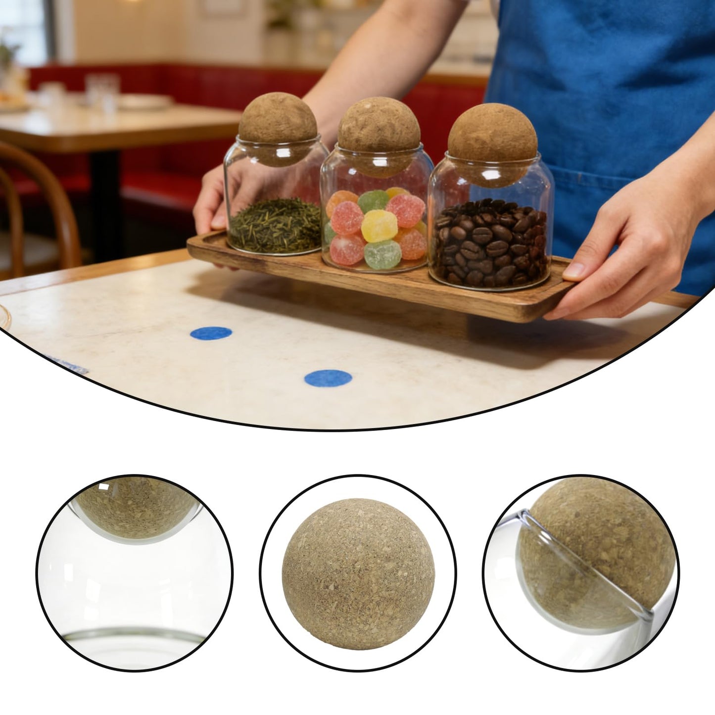 DZHPSRSZ 3 Pack Small Glass Jars with Cork Lids, Small Glass Containers with Lids & Acacia Tray, 17oz Coffee Bar Containers for Sugar Candy Tea, Bathroom Qtip Cotton Ball Holder Apothecary Jars