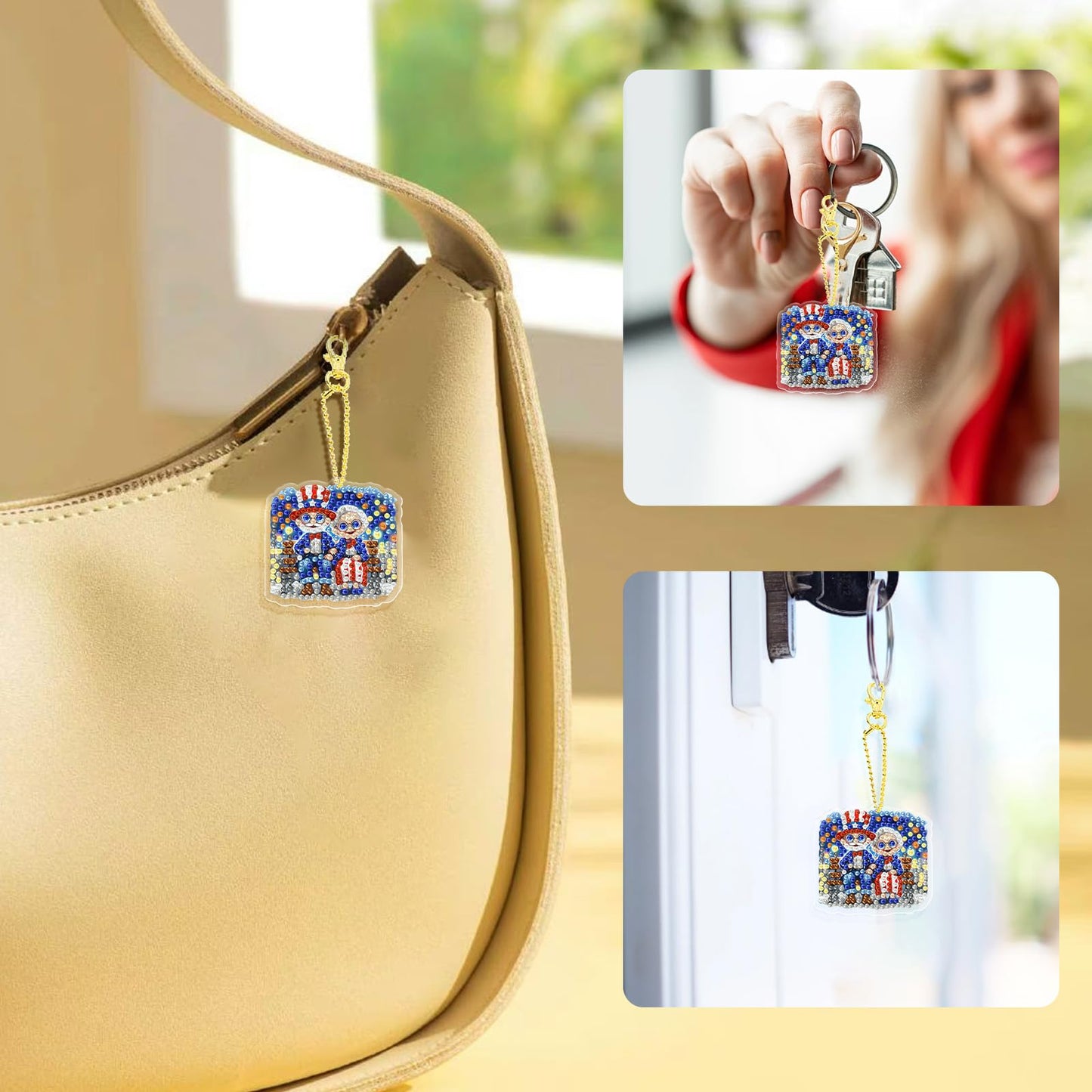 TLIOBLO Patriotic Old Couple Hanging Diamond Art and Key Chains Pendants Boards, Special Shaped Diamond Painting Hanging Sign with Chain Decoration