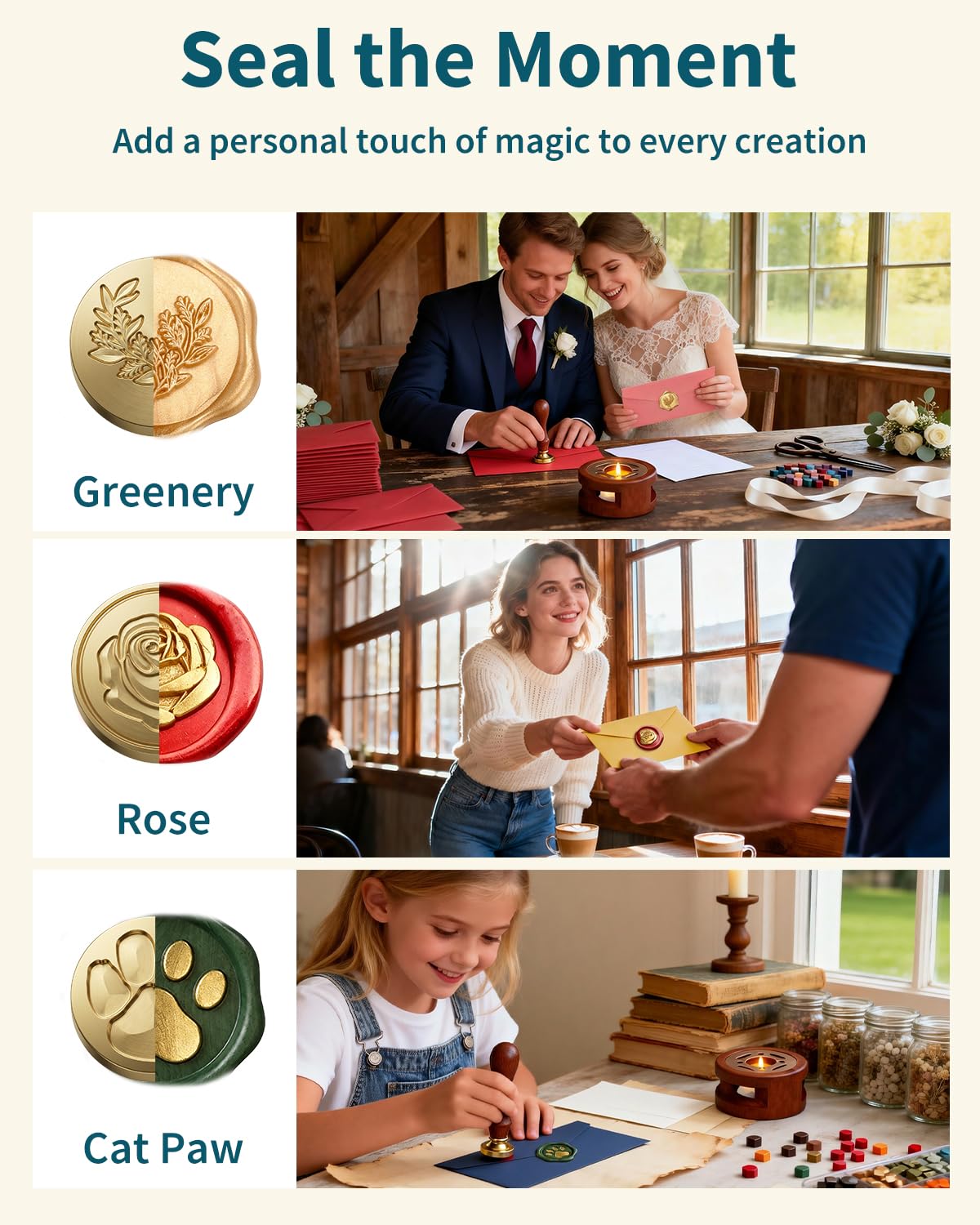 Wax Seal Stamp Kit for Beginners: Wax Sealing Tool Set 3 Brass Stamp Heads with Unique Patterns, 200 Beads, 5 Envelopes & Instructions for Wedding Invitations, DIY Letters & Gift Decoration