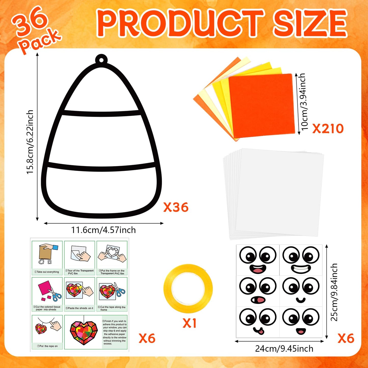 36Pcs Halloween Suncatchers Craft for Kids DIY Candy Corn Tissue Paper Craft set DIY Stained Glass Effect Paper Sun Catcher for Window Classroom Activities Halloween Party Decorations Favors