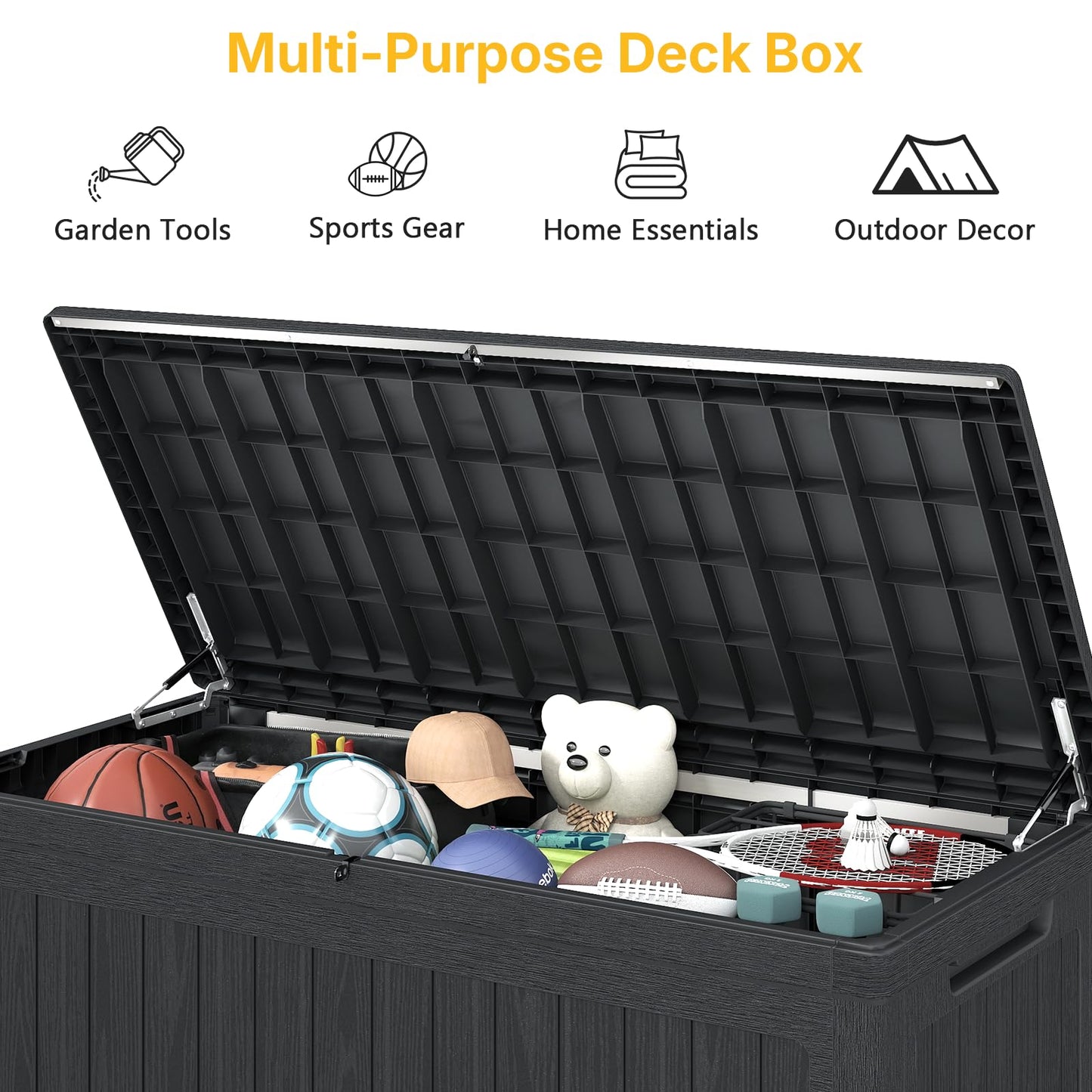 Skepphlay 230 Gallon Deck Box Large Outdoor Storage Box, Black Waterproof Deck Storage Bench, 440 lbs Load Capacity Outdoor Storage Bin for Garden, Patio, Pool, Boat