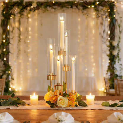 KEHAIL 5-Arm Black Metal Table Candelabra Centerpiece, 22" Tall Clear Candlesticks Holder with Shade for Valentines Day Events Party Table Centerpiece,Fit LED Candles (2, Gold, S-22 in)